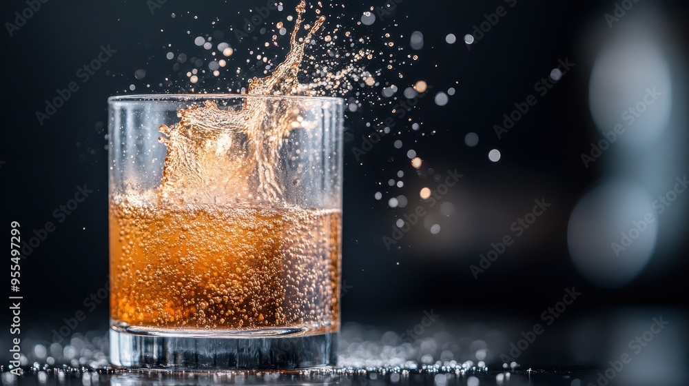 An image of a drink splashing in a glass full of ice cubes, set against a dark background. The motion of the liquid and the surrounding droplets create a sense of refreshment and movement. An image of a drink splashing in a glass full of ice cubes, set against a dark background. The motion of the liquid and the surrounding droplets create a sense of refreshment and movement.