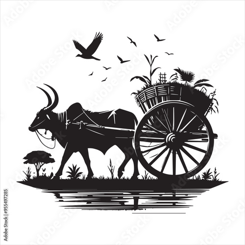 bullock cart wheel silhouette vector With White Background 