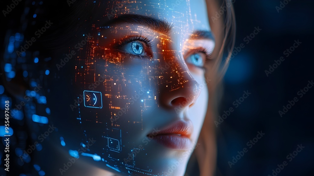 Woman's Face Projected with Intelligence Data and Futuristic Digital Overlay Woman's Face Projected with Intelligence Data and Futuristic Digital Overlay