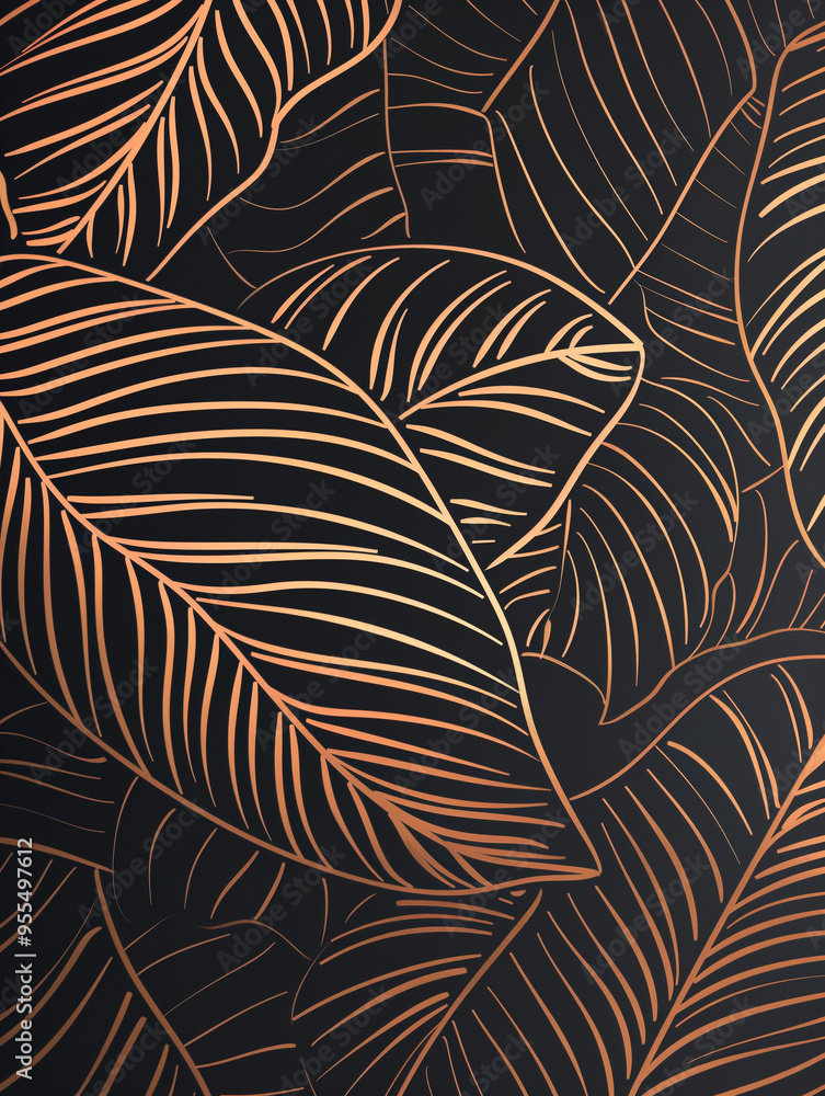 Gold ink lines leaves, abstract fractal leaves black background Gold ink lines leaves, abstract fractal leaves black background