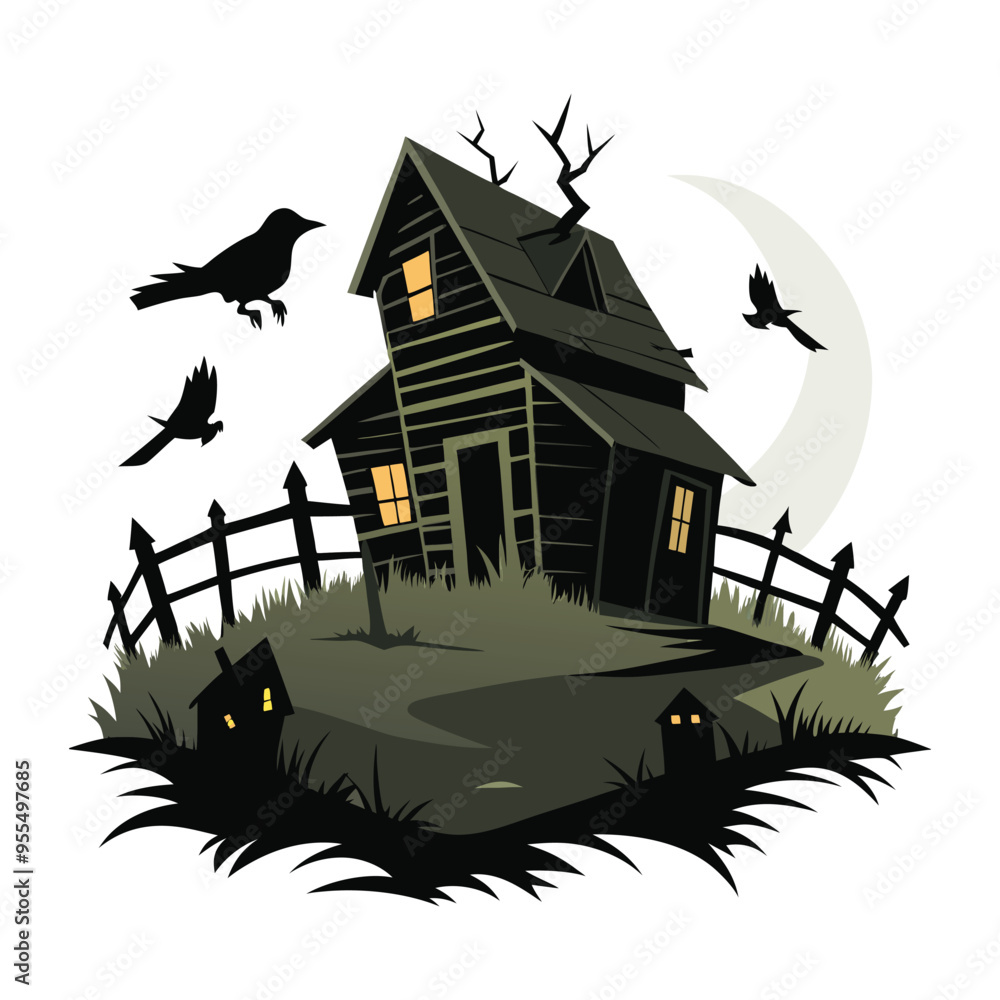 Fototapeta premium Dark Haunted Castle on a Hill with Bats and Bare Trees Vector Illustration