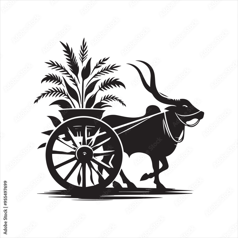 Fototapeta premium bullock cart wheel silhouette vector With White Background 