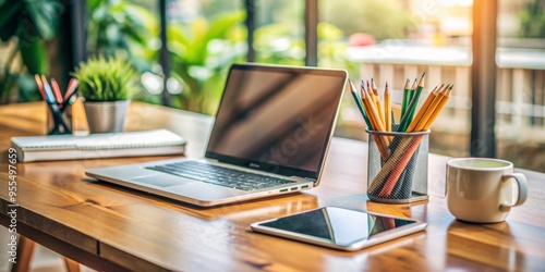 Modern Workspace with Laptop, Tablet, and Pencils, laptop, office, workspace, technology