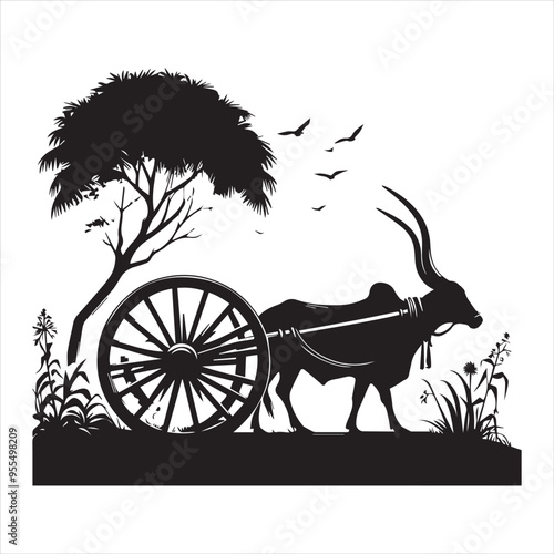 bullock cart wheel silhouette vector With White Background 