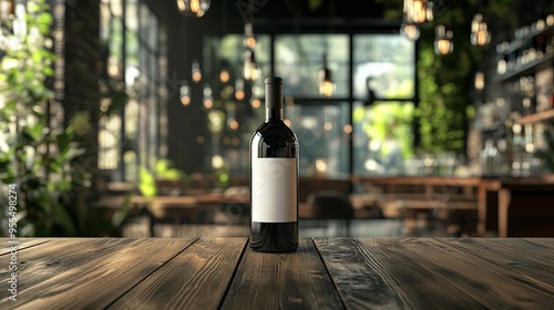 Elegant wine bottle with blank label in a modern cafe featuring large windows and greenery