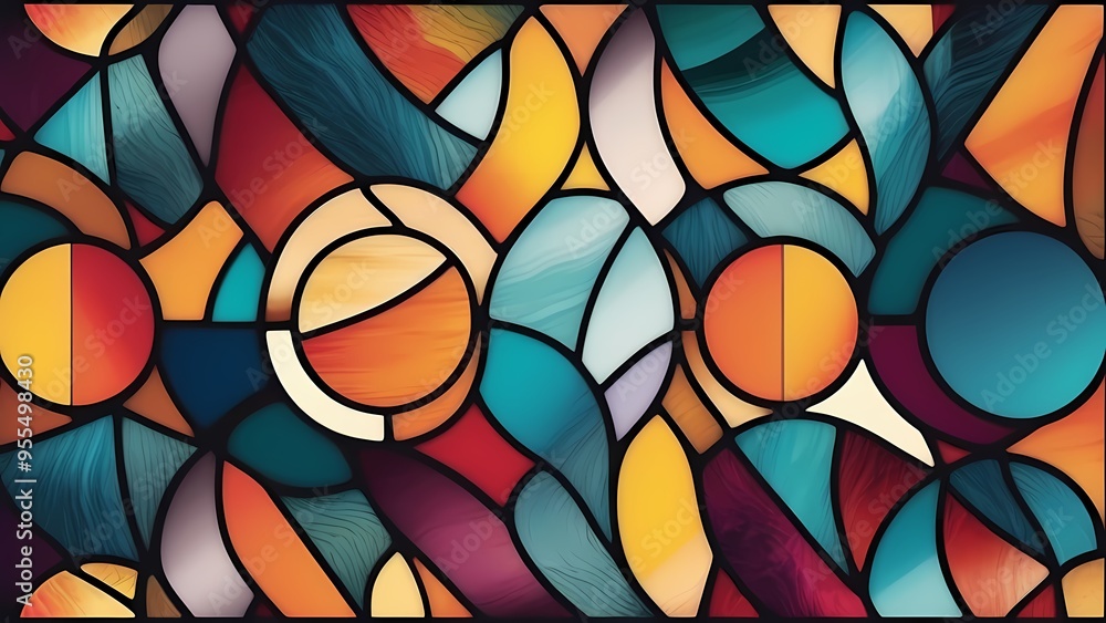 Abstract Stained Glass Pattern in Vibrant Colors, Geometric Design Abstract Stained Glass Pattern in Vibrant Colors, Geometric Design