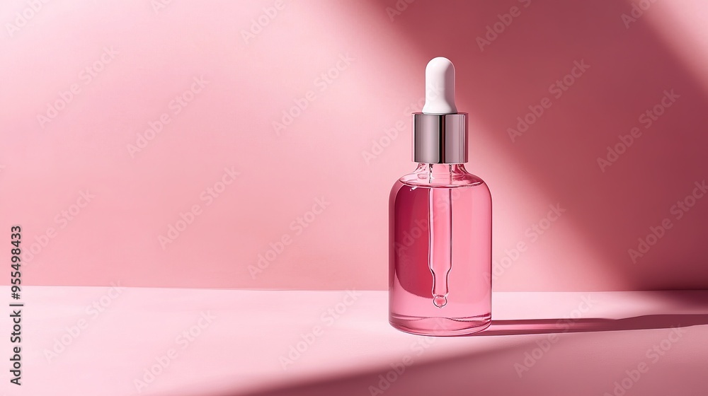 Elegant pink glass bottle with dropper cap on a soft pink background with minimalist design Elegant pink glass bottle with dropper cap on a soft pink background with minimalist design