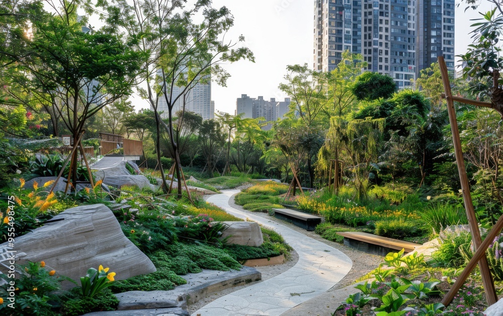 Ancient plants flourish in a modern urban park, showcasing the harmony between nature and contemporary design Ancient plants flourish in a modern urban park, showcasing the harmony between nature and contemporary design