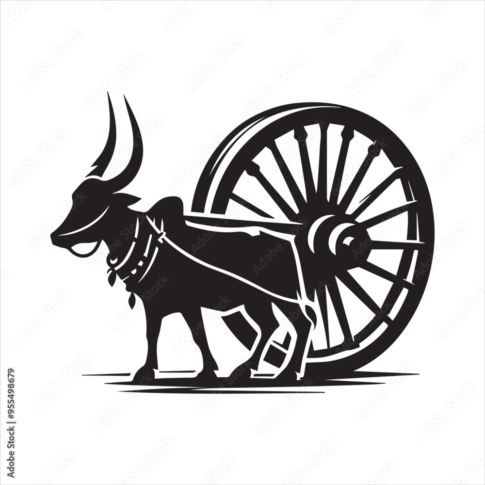 Fototapeta premium bullock cart wheel silhouette vector With White Background 