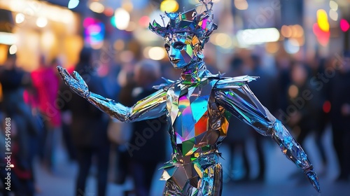 Futuristic performer in metallic costume stands out in vibrant urban festival with colorful lights photo