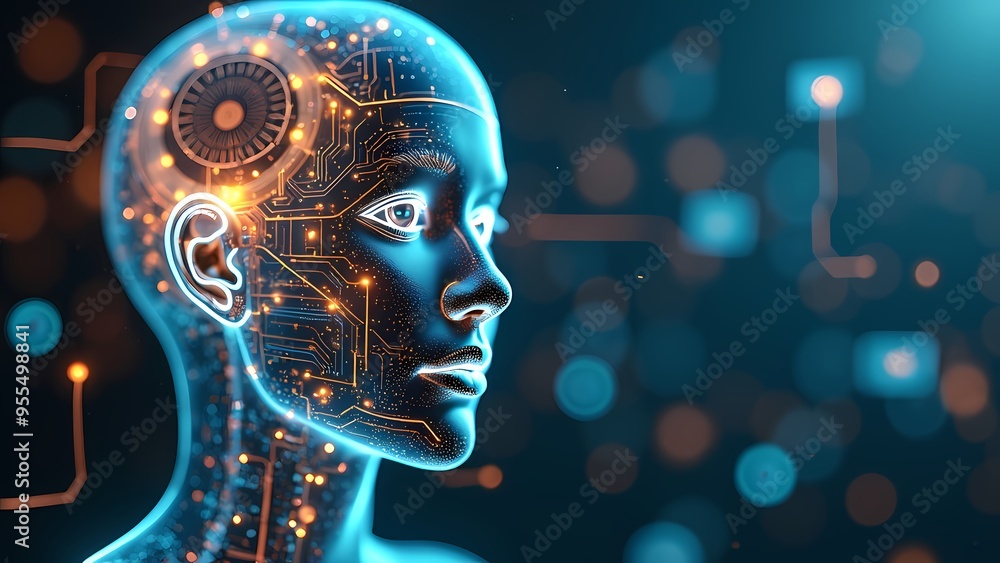 Futuristic Human Head with Transparent Features, Glowing Circuits, Data Streams Futuristic Human Head with Transparent Features, Glowing Circuits, Data Streams