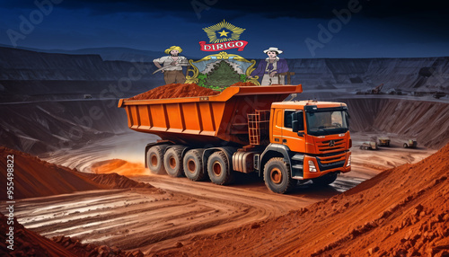 A large dump truck in an open-pit mine with the Maine flag superimposed, symbolizing the strength and scale of mining industry and its contribution to the economy