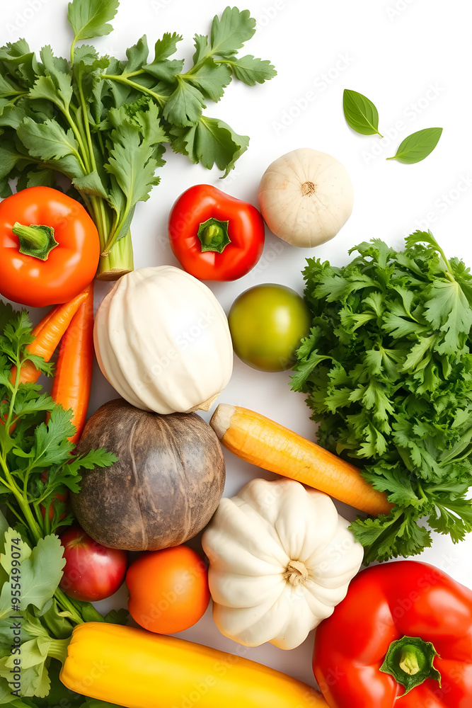 A vibrant assortment of fresh vegetables including carrots, tomatoes, bell peppers, leafy greens, and herbs arranged artistically on a white background. A vibrant assortment of fresh vegetables including carrots, tomatoes, bell peppers, leafy greens, and herbs arranged artistically on a white background.