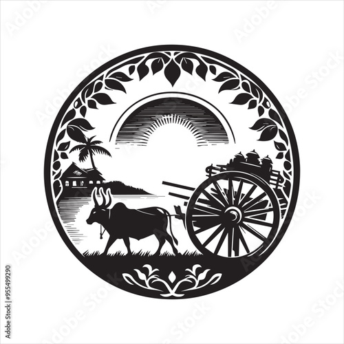 bullock cart wheel silhouette vector With White Background 