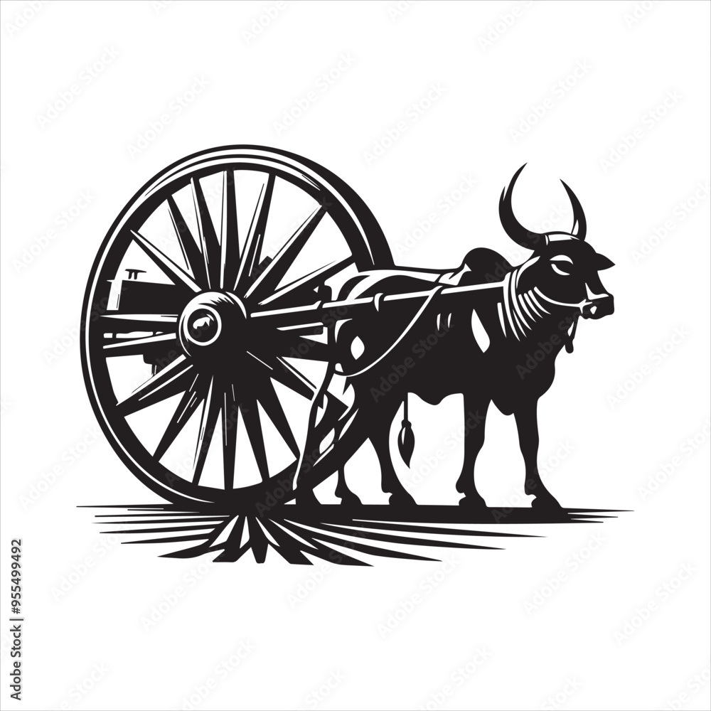 Fototapeta premium bullock cart wheel silhouette vector With White Background
