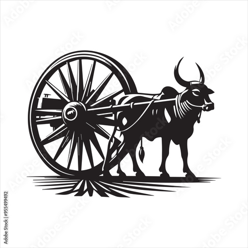 bullock cart wheel silhouette vector With White Background 