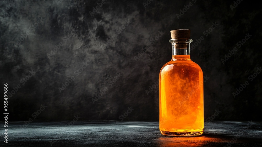 A bottle of sea buckthorn liqueur, with the rich orange liquid glowing against a dark, moody background A bottle of sea buckthorn liqueur, with the rich orange liquid glowing against a dark, moody background