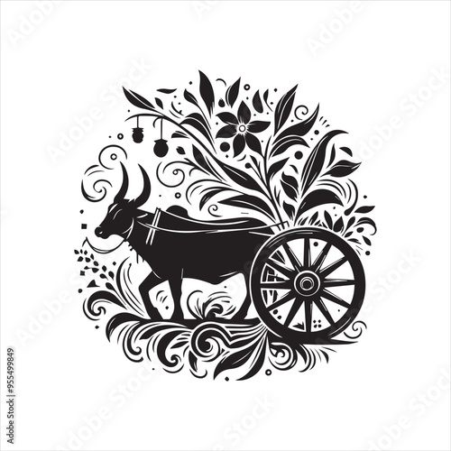 bullock cart wheel silhouette vector With White Background 