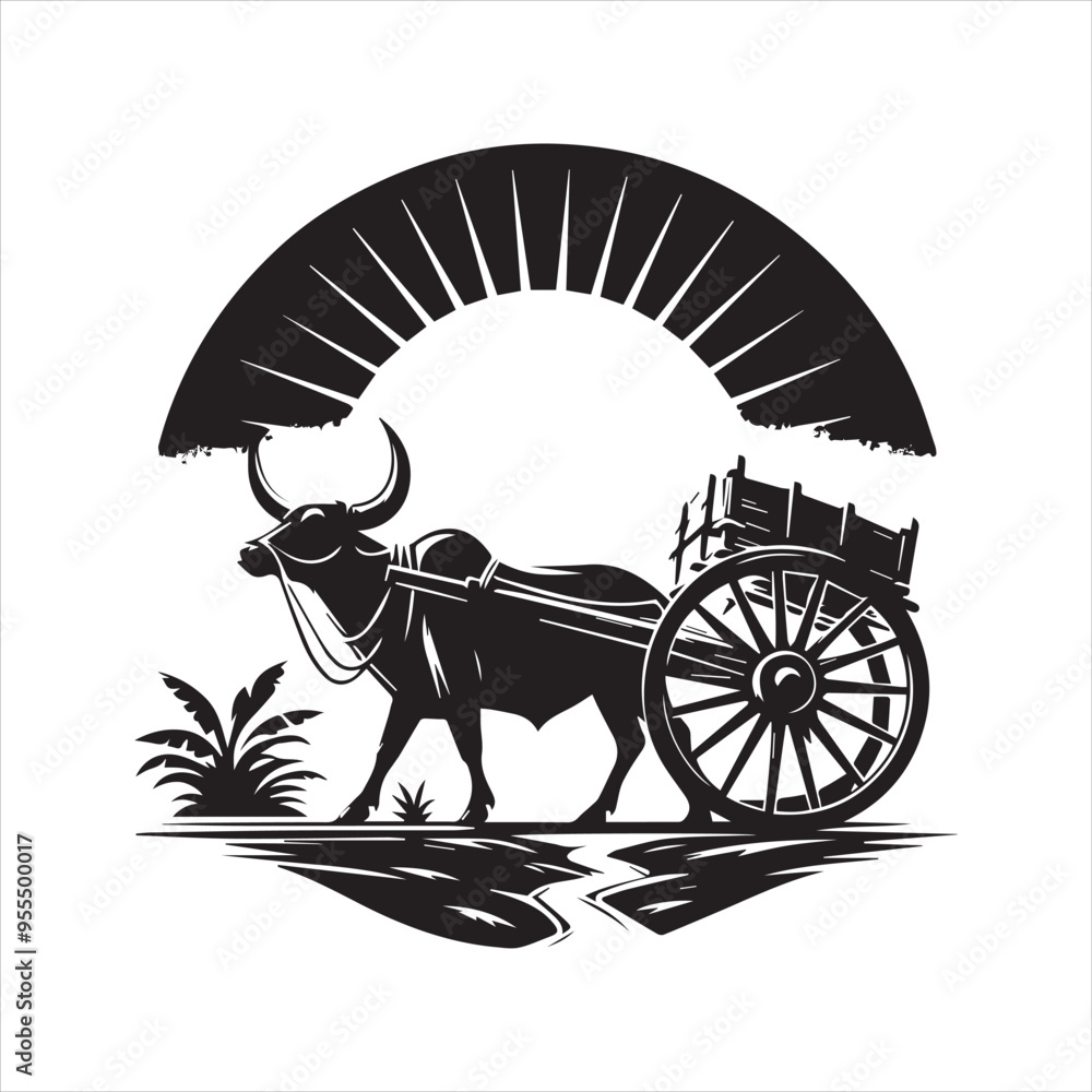 Fototapeta premium bullock cart wheel silhouette vector With White Background 