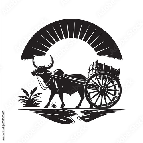 bullock cart wheel silhouette vector With White Background 