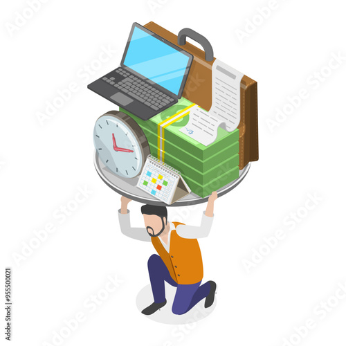 3D Isometric Flat Vector Set of Tired People, Pressure of Difficulties and Hardships. Item 4