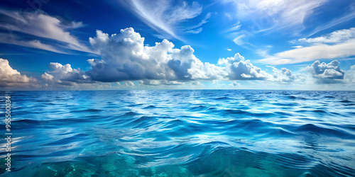 Vast Ocean Water Under a Cloud-Strewn Blue Sky: High-Resolution Background Featuring Tranquil Sea and Clear Skies, Perfect for Coastal Themes, Seascape Designs, and Natural Scenery Projects.