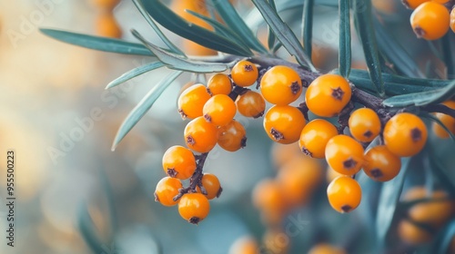 A close up of a sea buckthorn branch with berries at different stages of ripeness, showcasing the vibrant colors of nature