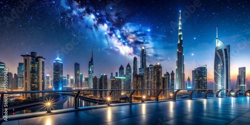 Nighttime View of Dubai Skyline with Milky Way, Perspective Rooftop Balcony, Composition Cityscape, Image Dubai buildings, Milky Way, stars, Concept Urban landscape
