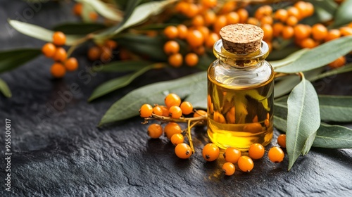 A close up shot of sea buckthorn oil in a small glass bottle, surrounded by fresh berries and leaves