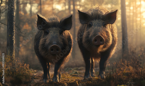 Two wild boars stand in a forest, looking directly at the camera. The sun shines through the trees, creating a warm glow.