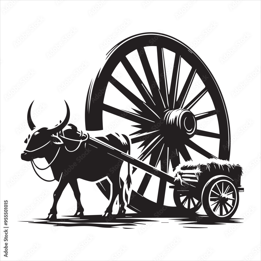 Fototapeta premium bullock cart wheel silhouette vector With White Background 