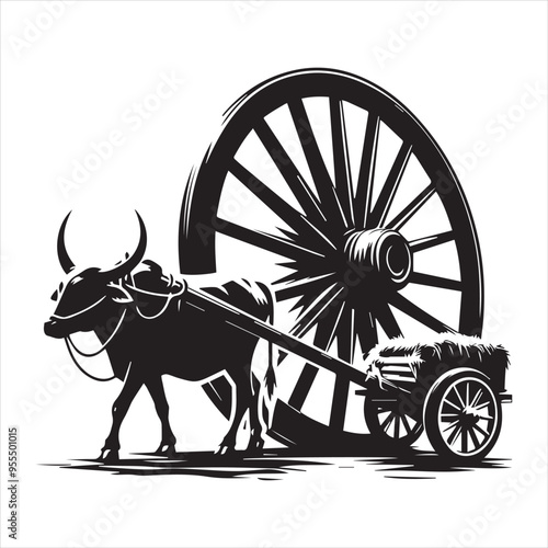 bullock cart wheel silhouette vector With White Background 