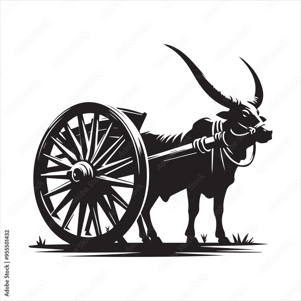 Fototapeta premium bullock cart wheel silhouette vector With White Background 