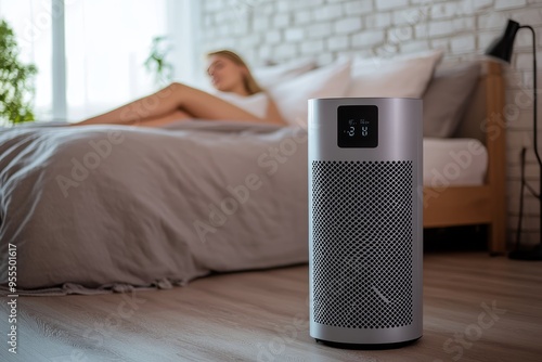 Air purifier displays pollution levels in bedroom with woman sleeping, emphasizing health and tech photo