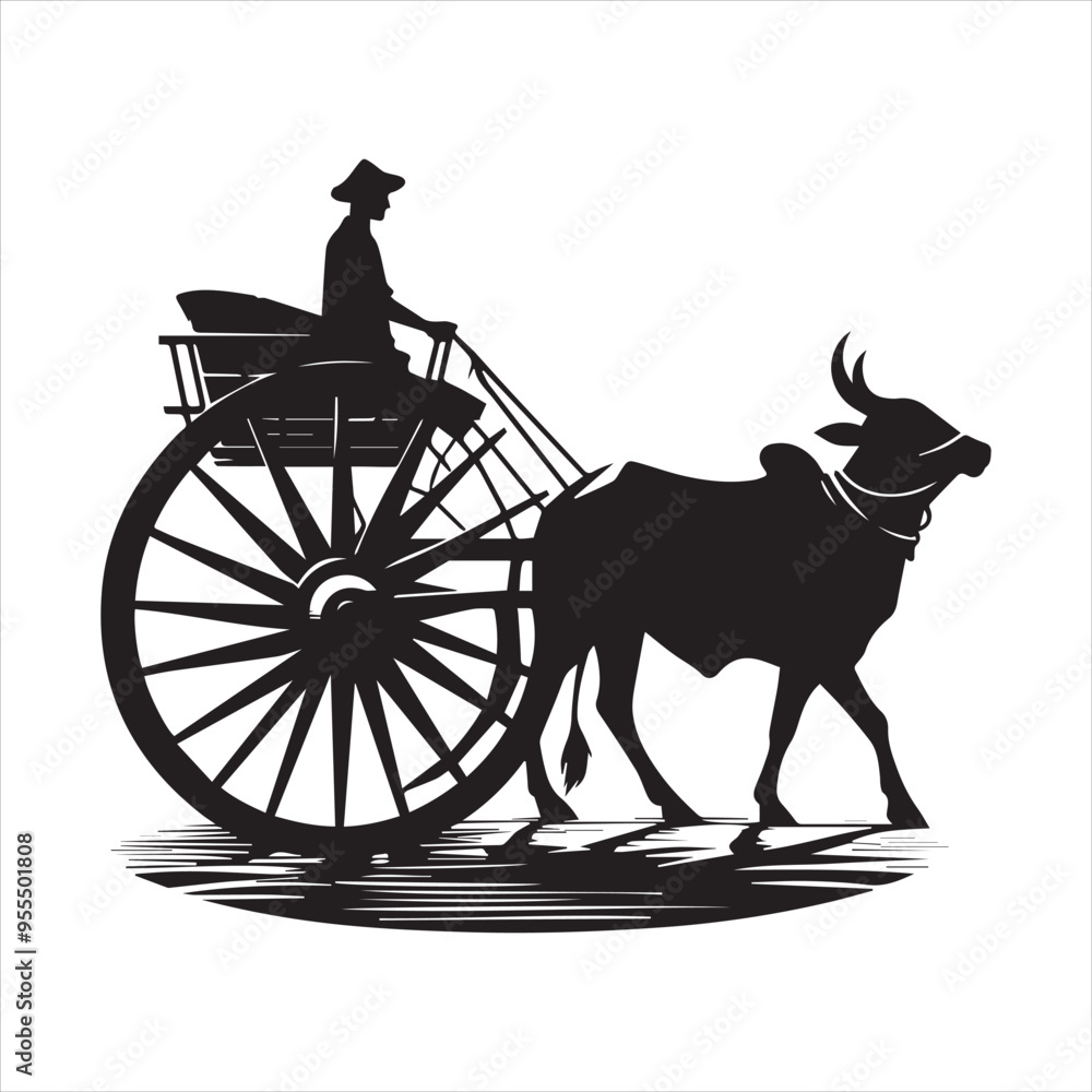 Fototapeta premium bullock cart wheel silhouette vector With White Background 