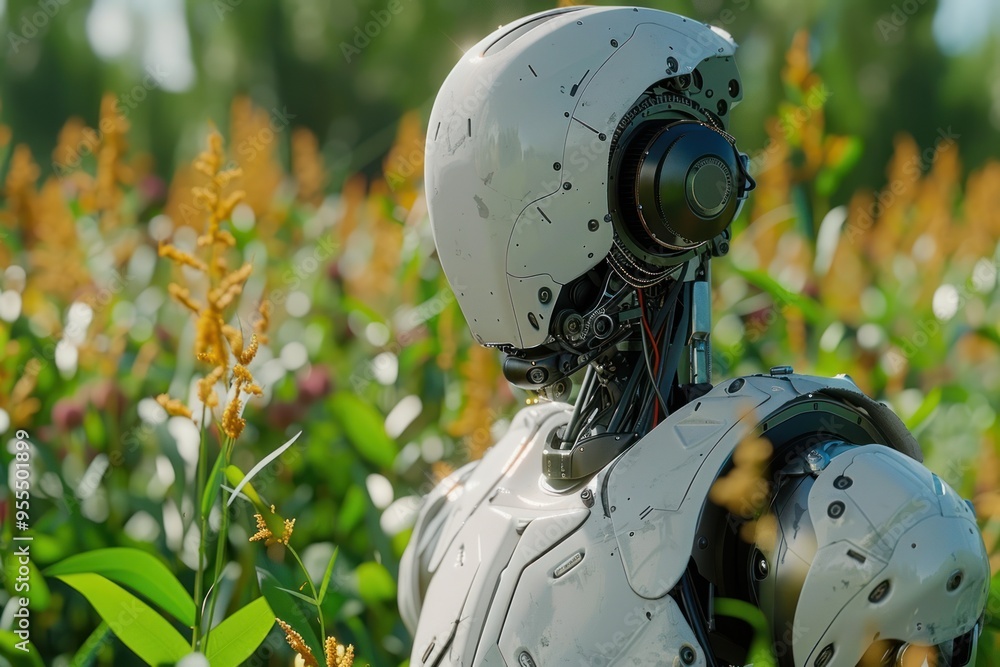 A robot in a field of flowers, representing the impact of AI on the future of work. A robot in a field of flowers, representing the impact of AI on the future of work.