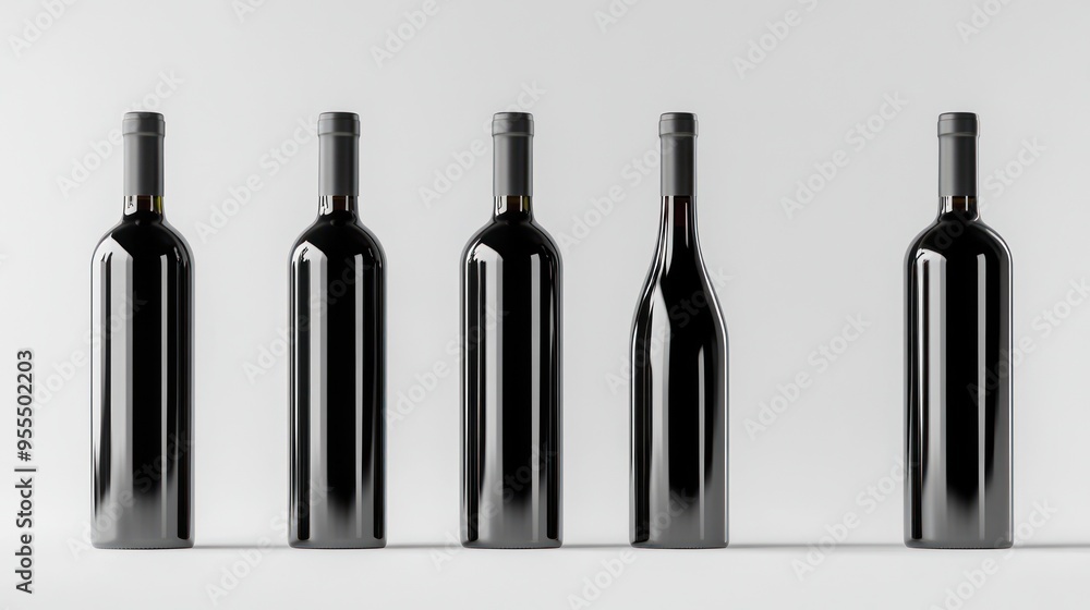 Five Black Wine Bottles on a White Background Five Black Wine Bottles on a White Background