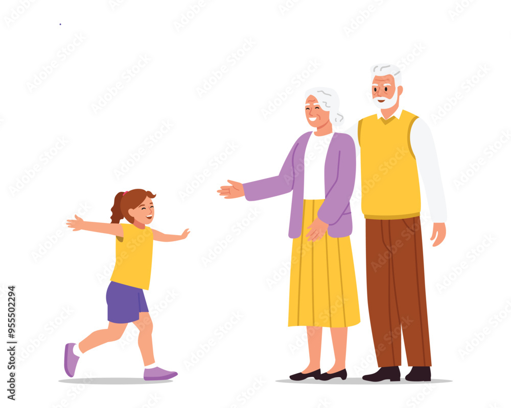 Vector illustration of a joyful granddaughter running to her grandfather and grandmother.Cartoon scene of happy little girl running with outstretched arms to grandparents isolated on white background. Vector illustration of a joyful granddaughter running to her grandfather and grandmother.Cartoon scene of happy little girl running with outstretched arms to grandparents isolated on white background.