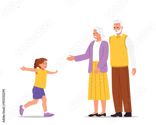 Vector illustration of a joyful granddaughter running to her grandfather and grandmother.Cartoon scene of happy little girl running with outstretched arms to grandparents isolated on white background.