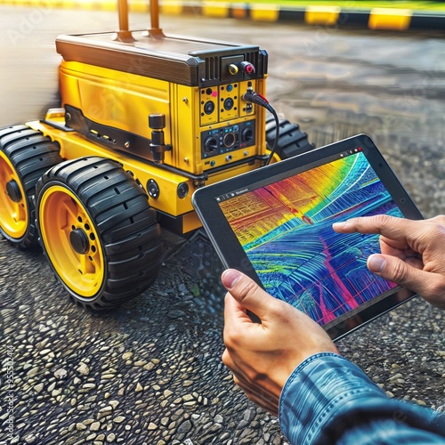 Remote Robotic Inspection. Person operating a robotic vehicle with a tablet, analyzing a colorful thermal image. photo