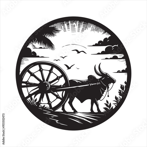 bullock cart wheel silhouette vector With White Background 
