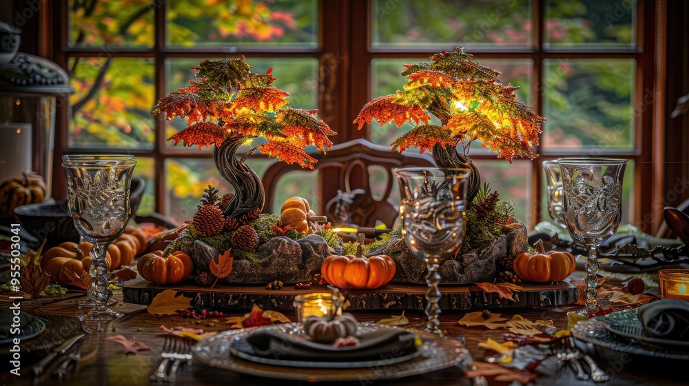 A pair of lighted maple trees on the table with pumpkins A pair of lighted maple trees on the table with pumpkins