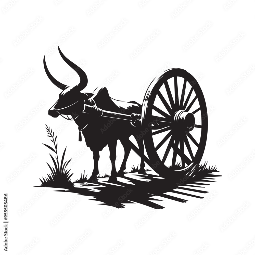 Fototapeta premium bullock cart wheel silhouette vector With White Background 