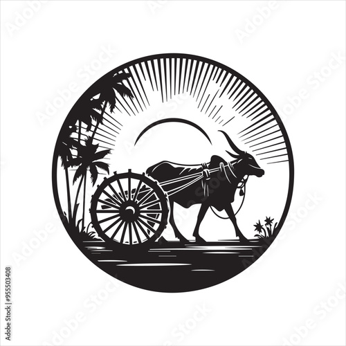 bullock cart wheel silhouette vector With White Background 