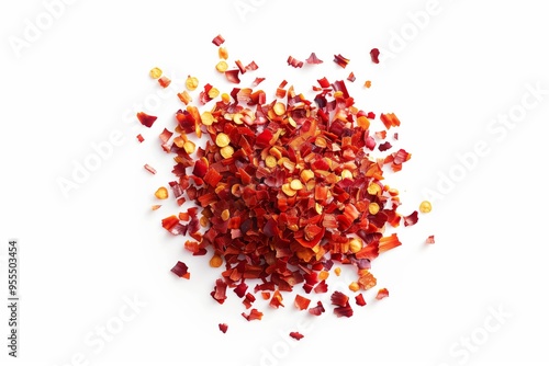 Close-up of vibrant red chili flakes in isolated on white background photo