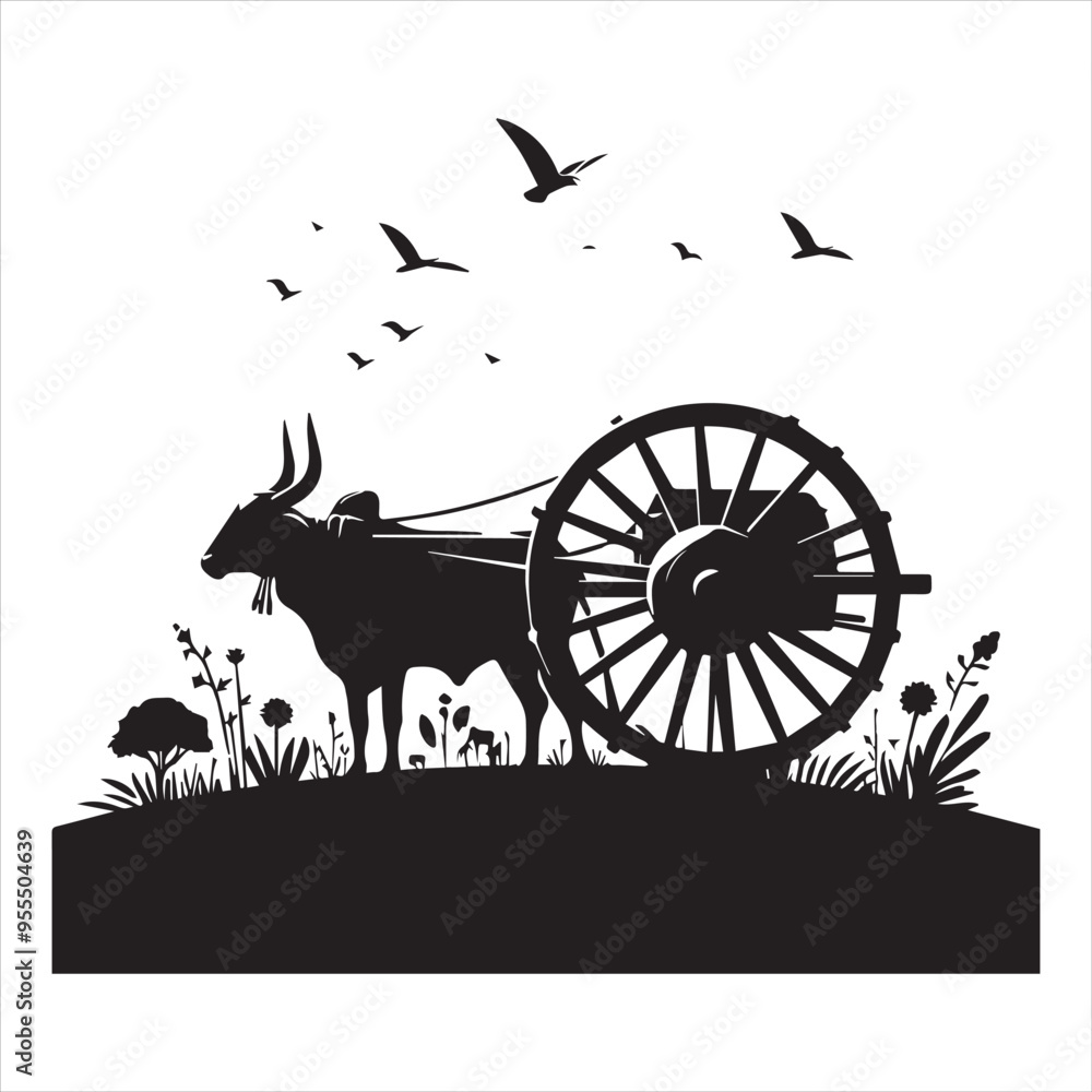 Fototapeta premium bullock cart wheel silhouette vector With White Background 