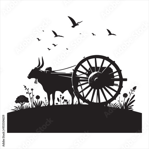 bullock cart wheel silhouette vector With White Background 