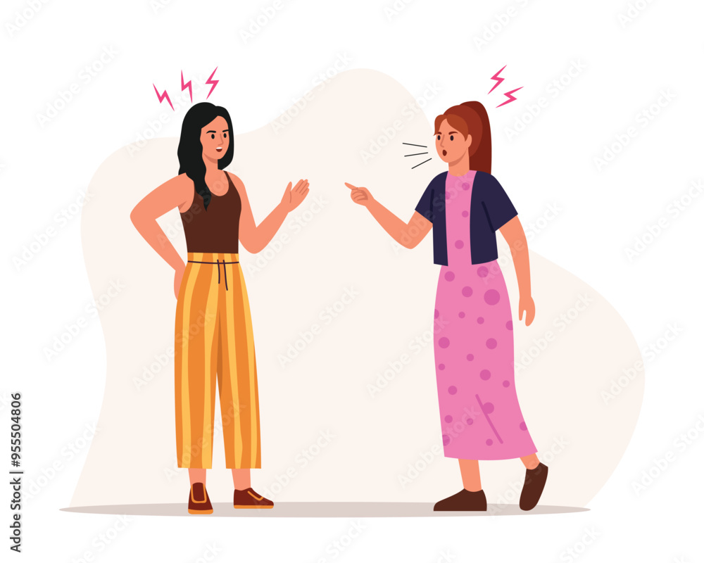 Vector illustration of a tense quarrel between girls.Cartoon scene of angry girls fighting, arguing, shouting, gesturing with their hands,lightning around them isolated on a white background.Conflict. Vector illustration of a tense quarrel between girls.Cartoon scene of angry girls fighting, arguing, shouting, gesturing with their hands,lightning around them isolated on a white background.Conflict.