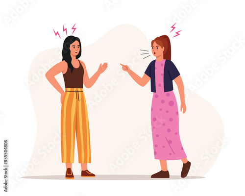 Vector illustration of a tense quarrel between girls.Cartoon scene of angry girls fighting, arguing, shouting, gesturing with their hands,lightning around them isolated on a white background.Conflict.