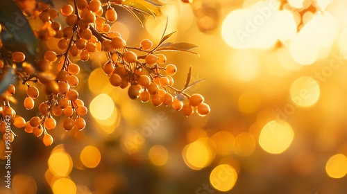 A sea buckthorn bush illuminated by the soft light of the setting sun, with the berries glowing in the warm light photo